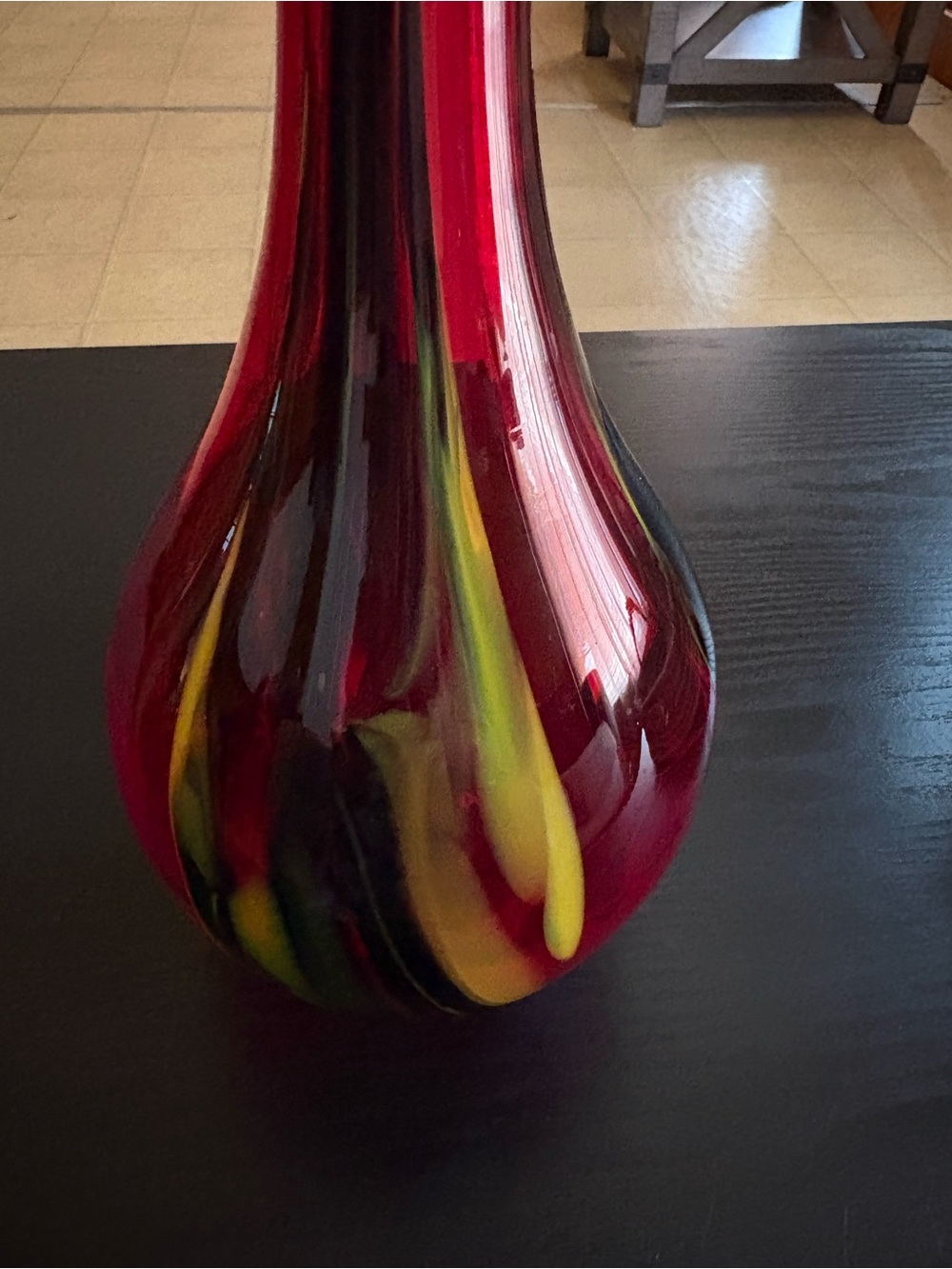 Pier 1 Imports Red Blown Glass Vase with Yellow, Green & Black Swirl - Picture 7 of 7
